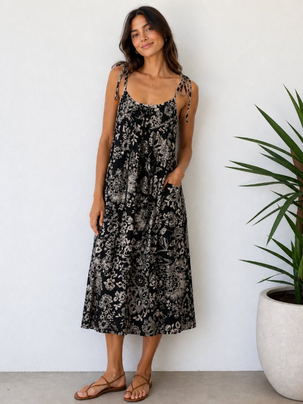 Anthropologie Black and Cream Floral Tie-Shoulder Midi Dress
